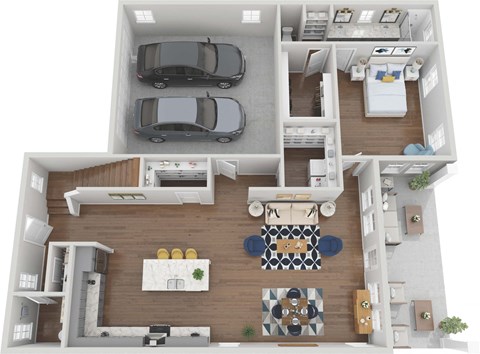 a 3d rendering of a floor plan with two cars and a balcony